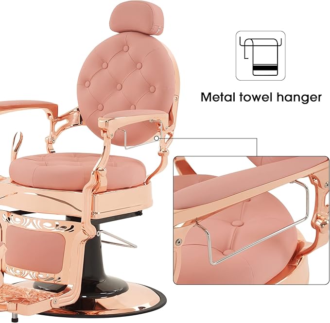 BarberPub Heavy Duty Metal Vintage Barber Chair All Purpose Hydraulic Recline Salon Beauty Spa Chair Styling Equipment 8914 (Pink with Pink Frame)