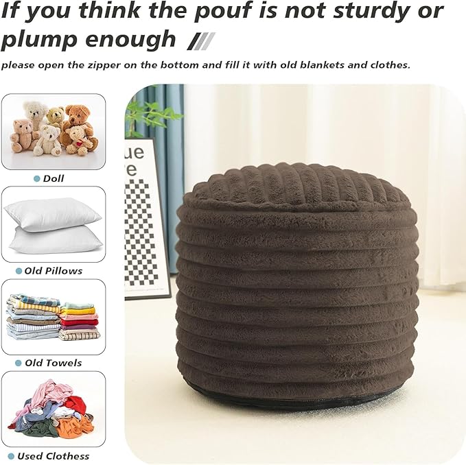 Pouf Ottoman Stuffed Round for Foot Rest, Faux Fur Poufs with Foam Chunk Filling, Storage Ottoman Pouf Foot Stool Cushion, 26 X 18 Inch Floor Chair for Living Room Bedroom Home Decor, Brown