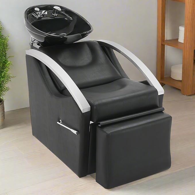 BarberPub Backwash Shampoo Station Chair Unit with Leg Rest, Adjustable Ceramic Shampoo Bowl Sink and Chair Set for Home Salon, Barbershop 9077 (Black)