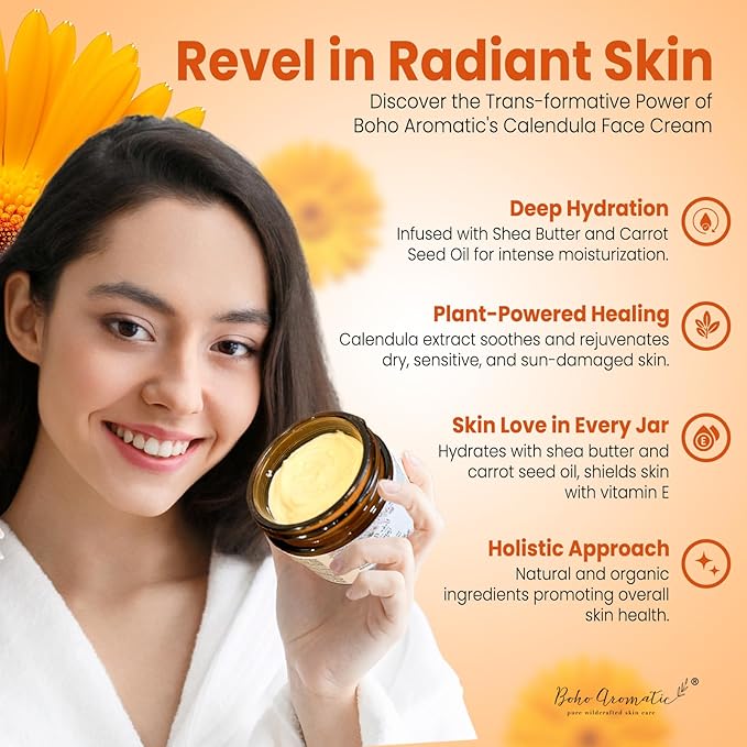 Calendula Nourishing Face Cream for Dry Skin, Natural & Organic Facial Cream, Hydrating and Moisturizing skin care product, Vegan Face Cream, Facial Moisturizer for Dry Skin