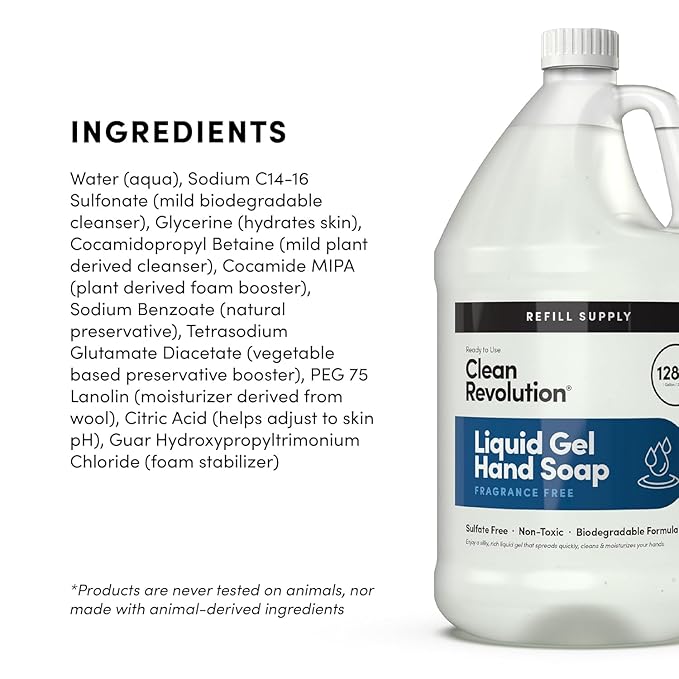 Clean Revolution Liquid Gel Hand Soap, Silky Rich Liquid, Quick Lather, Fast Rinsing, (Fragrance Free) 128 Fl Oz