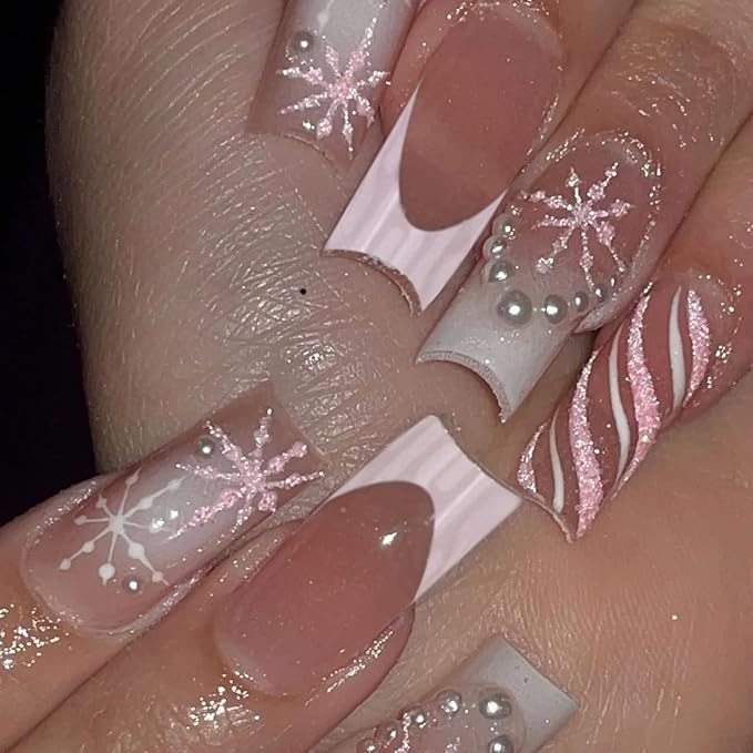 Winter Press on Nails Medium Square Fake Nails Pink White French Tip Nails Press ons with Pearl Snowflake Designs Gradient Nude False Nails for Women 24Pcs