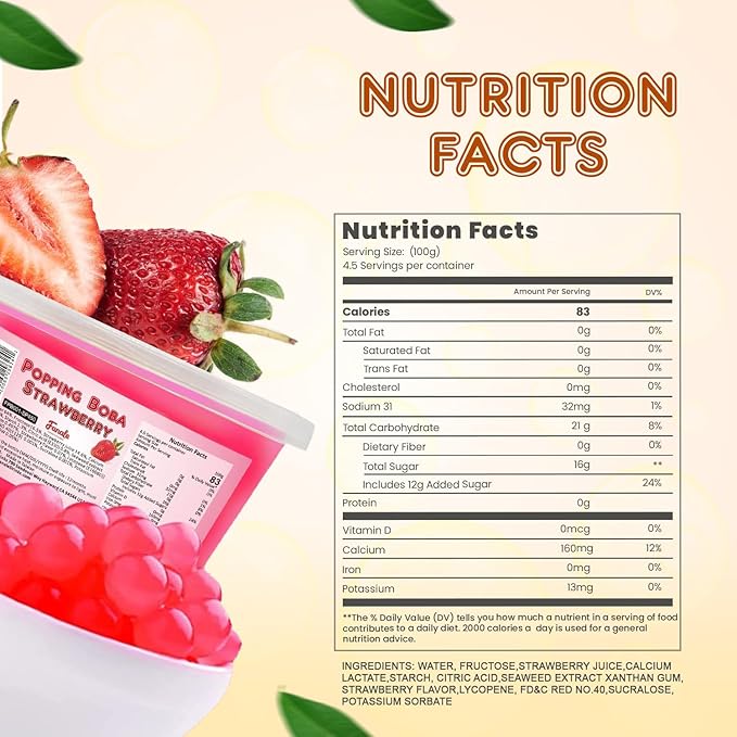 Fanale Strawberry Popping Boba Pearls, Vegan, Non GMO, Gluten Free, Fat Free, Perfect for Bubble Tea, Smoothies, Ice Cream, Desserts, and Beverages.