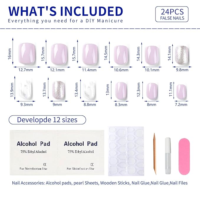 Press on Nails Short Square, Light Purple Fake Nails Kit with Silver Glitter Designs, Glossy Acrylic Press on Nails, Thick Reusable Glue on Nails Short Press on Nails for Women, Gleaming Lilac