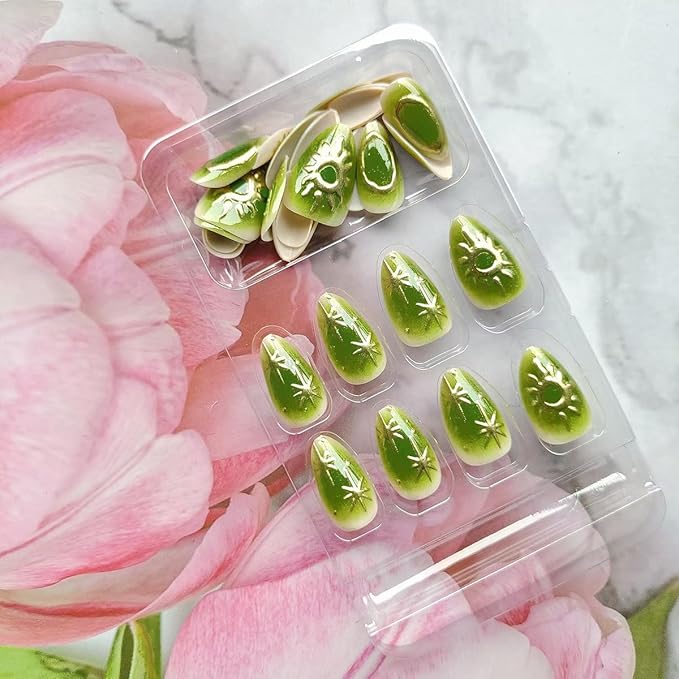 24Pcs Gold Chrome Press on Nails Short Almond Fake Nails with 3D Star Sun Eye Design Full Cover Glue on Nails Handmade False Nails Green Acrylic Nails Stick on Nails for Women Gothic Manicure Decor