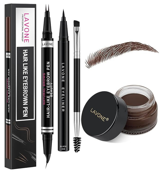 LAVONE Hair-Like Eyebrow Pen Makeup kit, Eyebrow Pencils for Women with Waterproof Microblading Eyebrow Pencil, Eyebrow Pomade, Eyeliner and Eyebrow Brush, Create Full, Natural Brows, Espresso