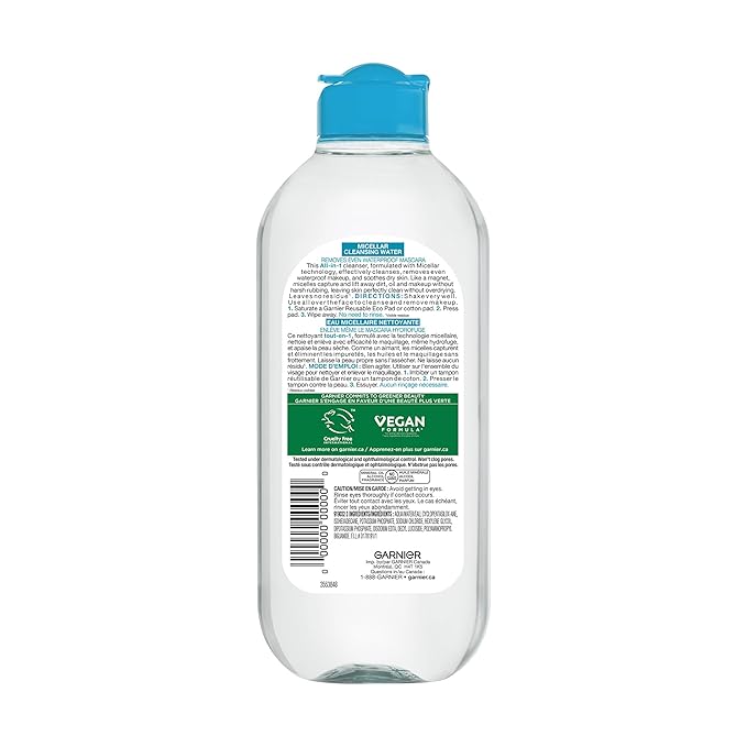 Garnier Micellar Water For Waterproof Makeup, Hydrating Facial Cleanser & Makeup Remover, Suitable for Sensitive Skin, Vegan, Cruelty Free, 13.5 Fl Oz (400mL), 1 Count