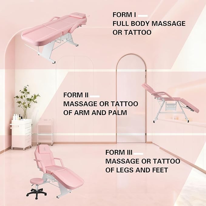 Facial Chair, Tattoo Chair Massage Bed with Hydraulic Stool for Professional Massage Facial Lash Beauty Treatment Spa, Pink
