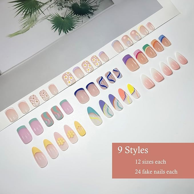9 Packs (216 Pcs) Flower & Swirl Press on Nails - Short, Square & Almond Shapes - Gradient Glue - 12 Sizes - 9 Styles