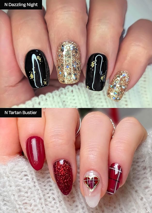 ohora Semi Cured Gel Nail Strips ([2025 Christmas Set] N Dazzling Night & N Tartan Bustier) - Works with Any Lamps, Salon-Quality, Long Lasting, Easy to Apply & Remove