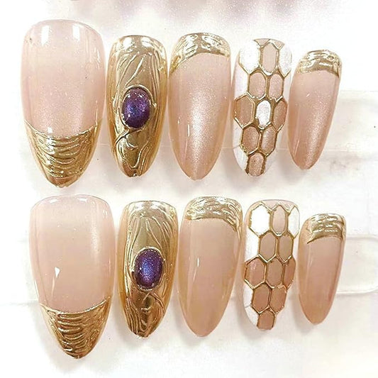 Almond Press on Nails Gold French Tip Fake Nails with Designs Chrome Acrylic Nails Glossy Nude Pink Full Cover Stick on Nails Artificial Almond Nails Tips False Nails for Women Manicure 30Pcs