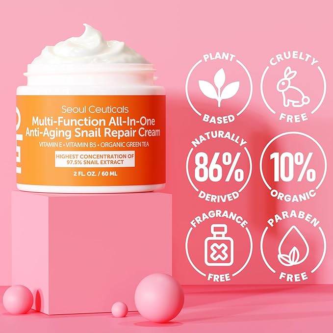 SeoulCeuticals Snail Mucin Moisturizer 97.5% - Korean Skin Care Snail Repair Cream - Day & Night Anti Aging K Beauty Skincare Cruelty Free 2oz