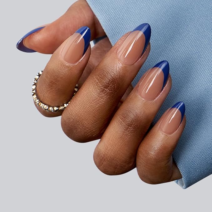 BTArtboxnails XCOATTIPS French Tip Press On Nails - Blue Press On Nails Short, Almond Fake Nail Tips, 160Pcs Soak Off Soft Gel Acrylic Brown Nail Extension in 16 Sizes