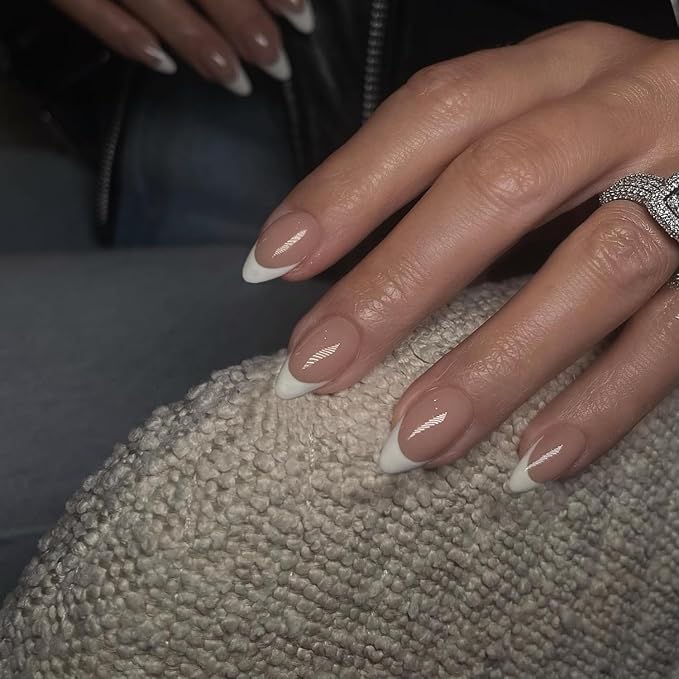 30 PCS White French Tip Press On Nails Short Almond,Medium Fake Nails French Nails Press ons,Oval Acrylic Nails Glue on Nails Medium,Natural Short Almond Nails False Nails for Women in 15 Sizes