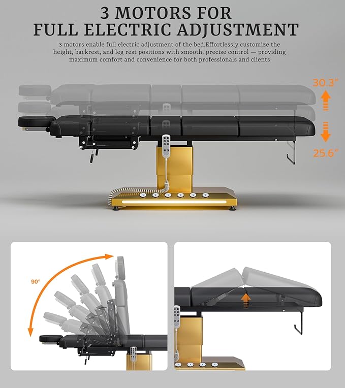 Icoget Professional Full Electric Spa Massage Treatment Table, Medical Bed with Independent Leg Adjustment, Facial Bed with Face Cradle for Beauty, Black