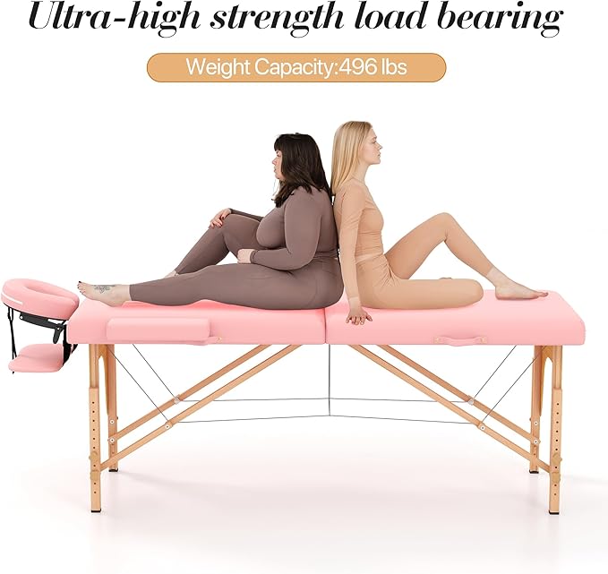 Massage Table Massage Bed, Portable 2 Section Foldable Tattoo Bed, Height Adjustable Lash Spa Bed with Face Cradle, Home Light Weight Facial Salon Bed with with Wood Frame, Light Pink