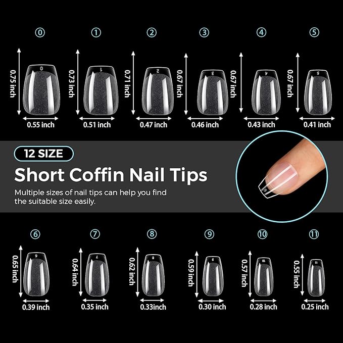 TOMICCA Short Coffin Nail Tips Acrylic Nails 240Pcs Acrylic Nail Kit Gel Nail Tips Pre-shape Clear Nails for Beginner and Professional DIY Salon 12 Sizes