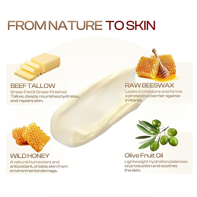 SADOWAY Beef Tallow for Skin: Handmade Beef Tallow for Face - Organic Grass-Fed Whipped Beef Tallow and Honey Balm Tallow Face Moisturizer Smooth Soft for Dry Skin