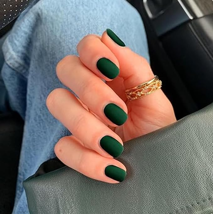 Matte Green Press on Nails Short,KQueenest Glue on Nails Short Acrylic Nails Press on with Solid Color Classic Fake Nails Set for Women Lady Daily Wear in 24 PCS