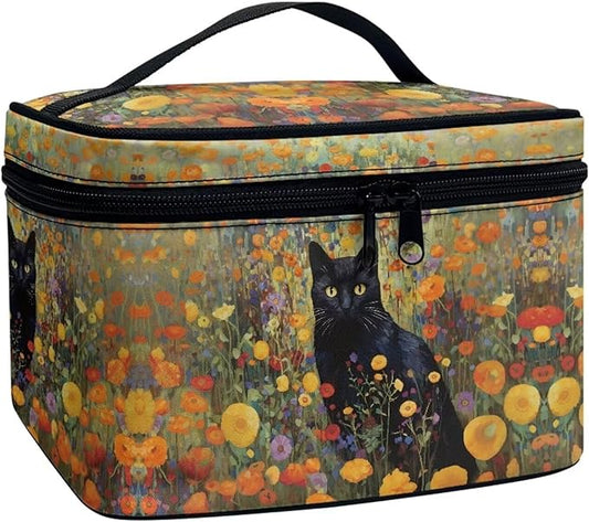 Black Cat Vibrant Floral Pattern Travel Makeup Bags for Women Portable Tote Cosmetic Case with Carry Handle Toiletry Accessories Storage Organizer Bags