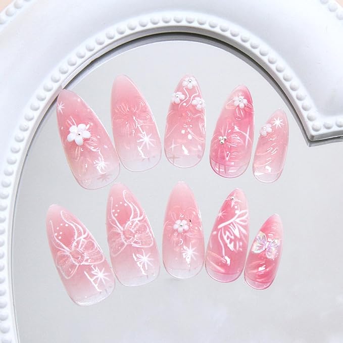 24Pcs Pink Press on Nails Medium Almond Fake Nails 3D Flower Butterfly Stick on Nail ice Flower False Nails Spring Summer Floral Glossy Full Cover Acrylic Nails Glue on Nail for Women DIY Manicure