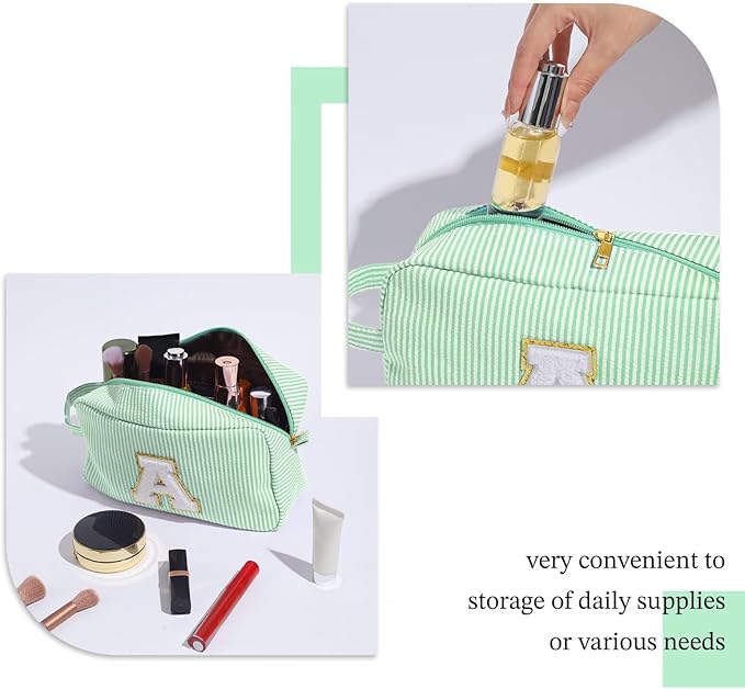 YOOLIFE Travel Makeup Cosmetic Bag - Personalized Monogram Cute Green Initial Makeup Bags Cosmetic Toiletry Bag Pouch Make Up Case for Women Her Mom Friend Sister Teacher, Birthday Gifts for Women V