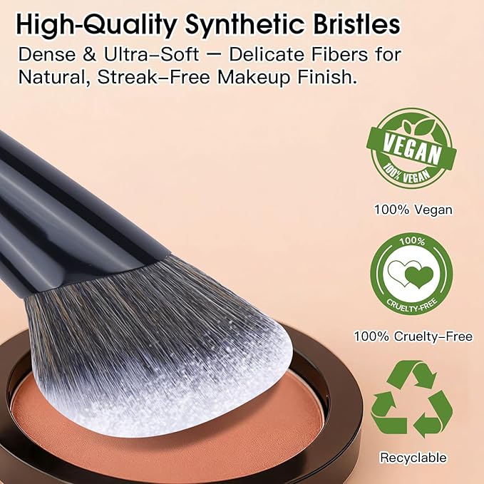 Dual-Ended Makeup Brush,Flat Top Foundation & Angled Contour Brush for Flawless Blending, Smooth Coverage & Effortless Contouring, Ideal for Foundation, Blush, Bronzer & Powder (Black)