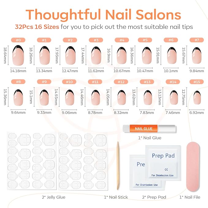 modelones Black French Tip Press On Nails, Christmas Short Oval Fake Nails Press Ons with Nail Glue, Adhesive Tabs, Nail File, Prep Pad, Manicure Stick, 32Pcs 16 Sizes