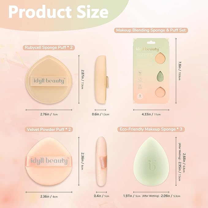 Blending Sponge Puff Set, Latex Free Powder Puff for Liquid Cream Foundation, Vegan & Cruelty Free, Beginner-friendly for Women Beauty Blender Make up Sponges 8 Pieces