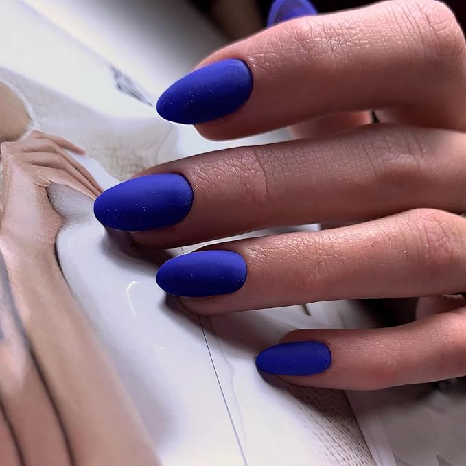 Matte Royal Blue Press on Nails Short Almond Fake Nails Press ons, Thick Solid Color Glue on Nails Short False, Medium Almond Oval Round Shaped for Women, 24Pcs Natural Acrylic Gel Nail