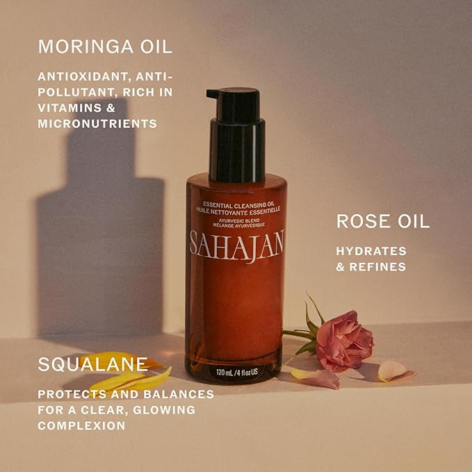 Sahajan Essential Cleansing Oil with Vitamin C + Squalane | Ayurvedic Gentle Clean Facial Cleansing Oil | All Skin Types, Sensitive Eyes | Remove Waterproof Makeup, SPF, Pollution | 4 oz