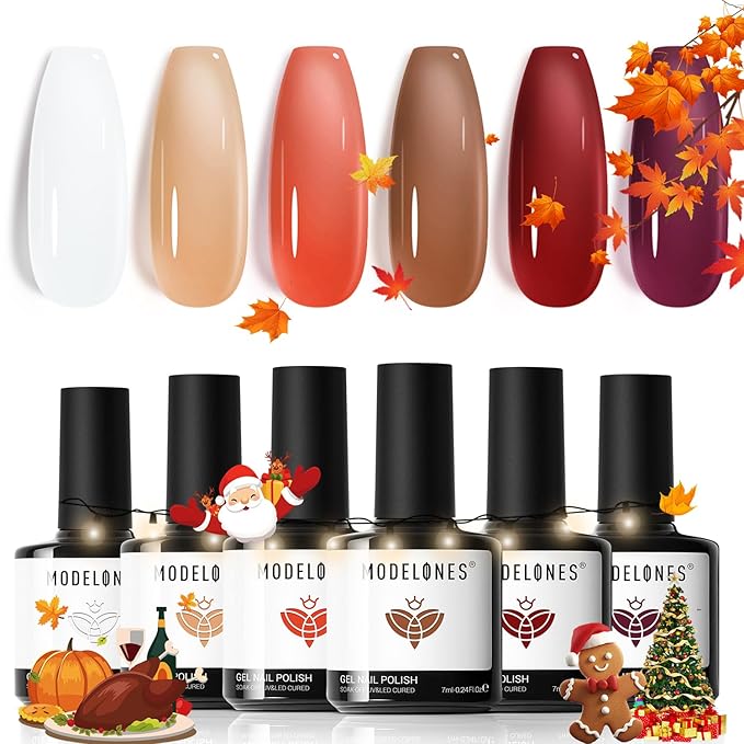modelones Gel Nail Polish Set, 6 Fall Colors White Nude Brown Orange Jelly Gel Polish Tortoise Burgundy Wine Red Neutral Translucent Nail Art Gel Soak Off LED Lamp Manicure Salon DIY Girl Women Gift