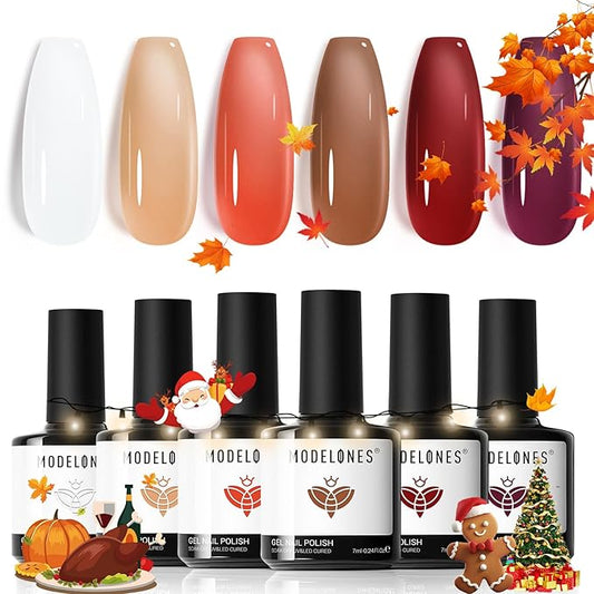 modelones Gel Nail Polish Set, 6 Fall Colors White Nude Brown Orange Jelly Gel Polish Tortoise Burgundy Wine Red Neutral Translucent Nail Art Gel Soak Off LED Lamp Manicure Salon DIY Girl Women Gift