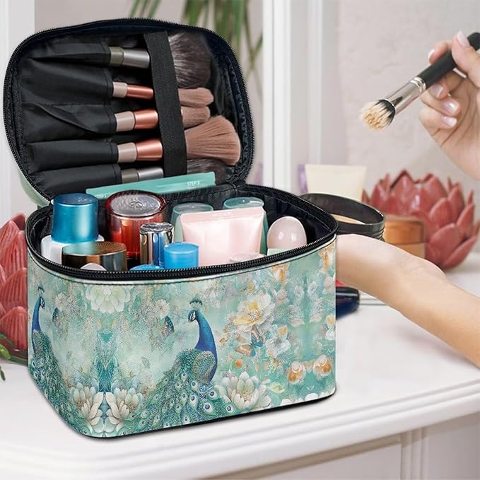 Peacock Butterfly Peony Flower Print Travel Makeup Bags for Women Portable Tote Cosmetic Case with Carry Handle Toiletry Accessories Storage Organizer Bags