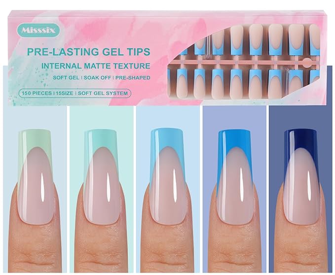 Misssix French Gel Nail Tips, 150Pcs Blue French Tip Press on Nails Long Square, No Need to File Tips Pre-lasting, Fake Nails for Nail Art DIY 15 Sizes