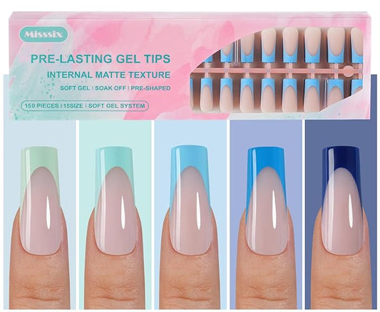 Misssix French Gel Nail Tips, 150Pcs Blue French Tip Press on Nails Long Square, No Need to File Tips Pre-lasting, Fake Nails for Nail Art DIY 15 Sizes
