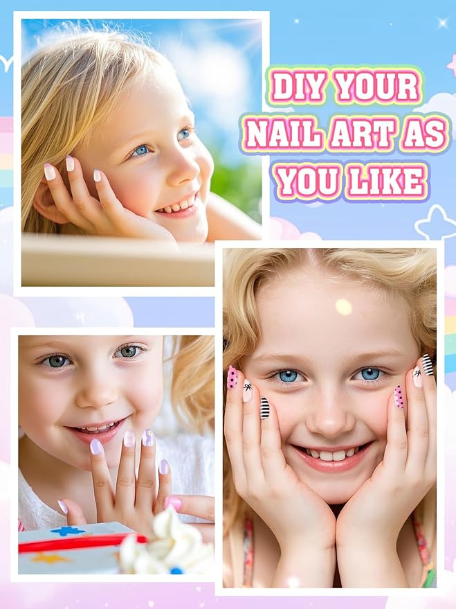 72 Pieces Press on Nails for Kids, EBANKU 3 Pack Kid Fake Nail Kit Purple Flower Black Streak Press on Nails for Girls 7-12 Years with Jelly Nail Adhesives