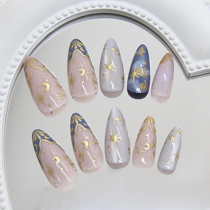 IMRAIN Almond Press on Nails Medium Fake Nails with Gold Star Moon Designs Acrylic Blue Gradient Glossy Nail Supplies Full Cover Glue on Nails Glitter Stick on False Nails for Women Girls