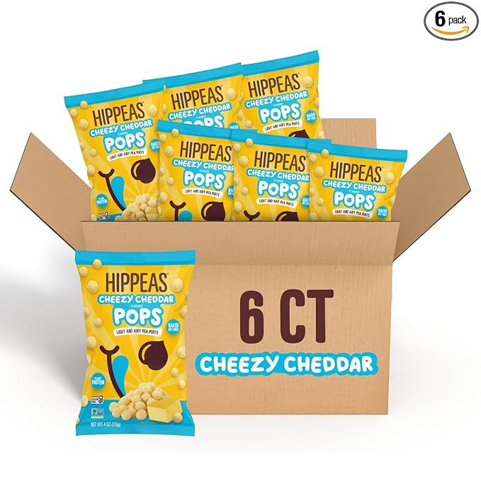 Hippeas Cheezy Cheddar Pops, 4 Ounce (Pack of 6), 3g Protein, 2g Fiber, Vegan, Gluten-Free, Crunchy, Plant Protein Snacks