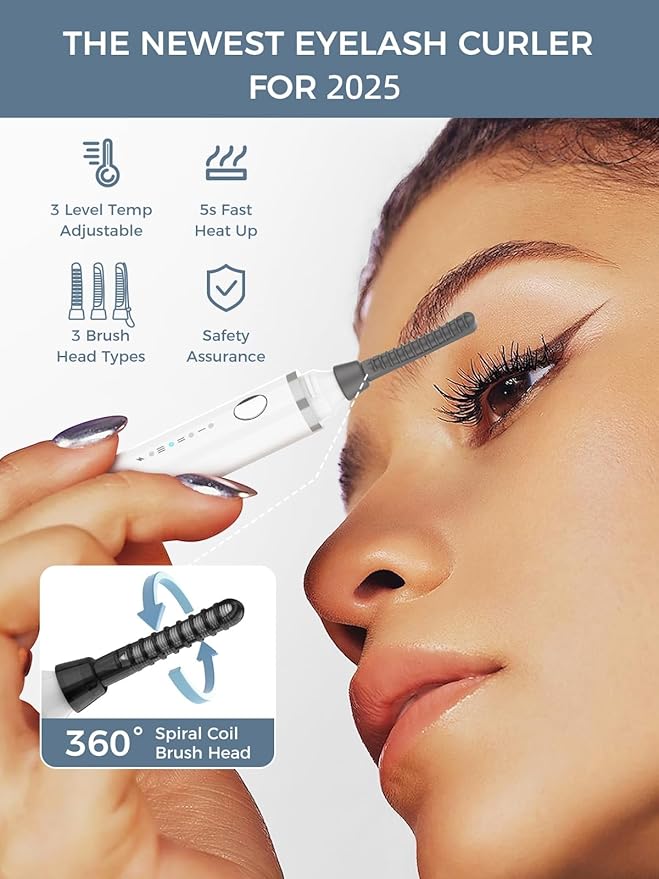 Smiling Shark Heated Eyelash Curler, 360°Wand-Style Heated Lash Brush Rechargeable with 3 Brush Heads & 3 Temp & 5s Fast Heating【Lengthen/Define/Curler】 3-in-1 Lash Curler for All Types of Lashes