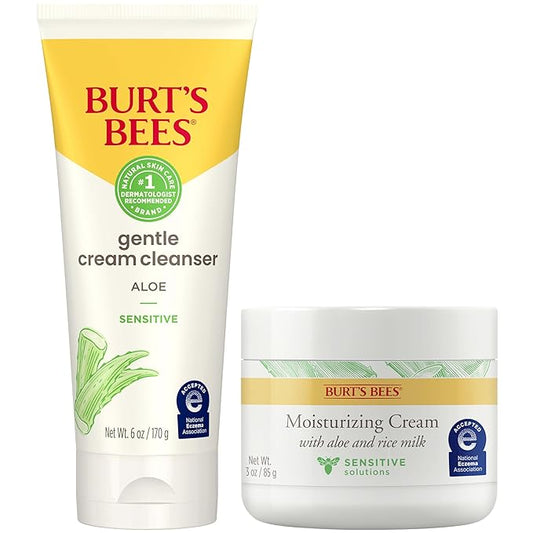 Burt’s Bees Sensitive Skin Bundle, Gentle Cream Facial Cleanser with Aloe and Moisturizing Face Cream with Aloe and Rice Milk, Natural Origin Skincare, 6 oz./3 oz.