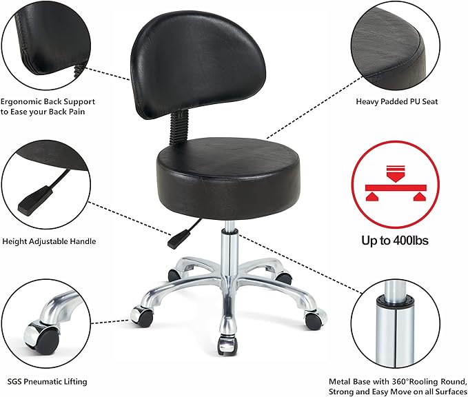 Black Lift Swivel Rolling Stool Round Chair,Thick Sturdy Padding,Adjustable Stool with Wheels for Doctor,Medical,Massage Salon,Office,Shop(with Back, Black)
