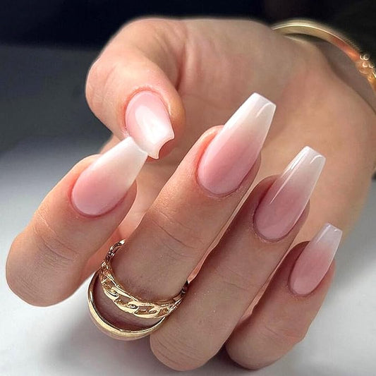Coffin Press on Nails Medium White Gradient False Nails with Glossy Design Glue on Nails Light Pink Transparent Fake Nails Coffin Nails Press ons Artificial Stick on Nails for Women 24Pcs