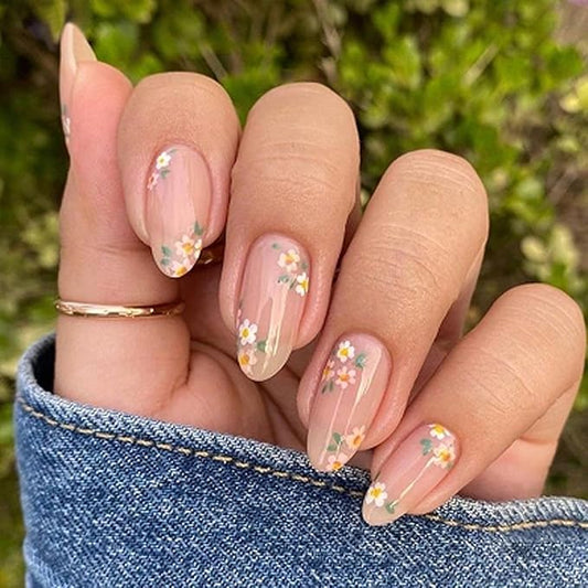 Pink Spring Press on Nails Almond Shape Fake Nails with Small Flower Designs Daisy Floral Artificial Nails Medium Length Spring Summer Glue on Nails Flowers Stick on Nails for Women, 24Pcs