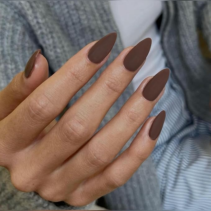 48pcs Matte Brown Press On Nails, Medium Length Almond Shaped, Stiletto False Nails, Dark Medium, Thick Natural Acrylic Gel