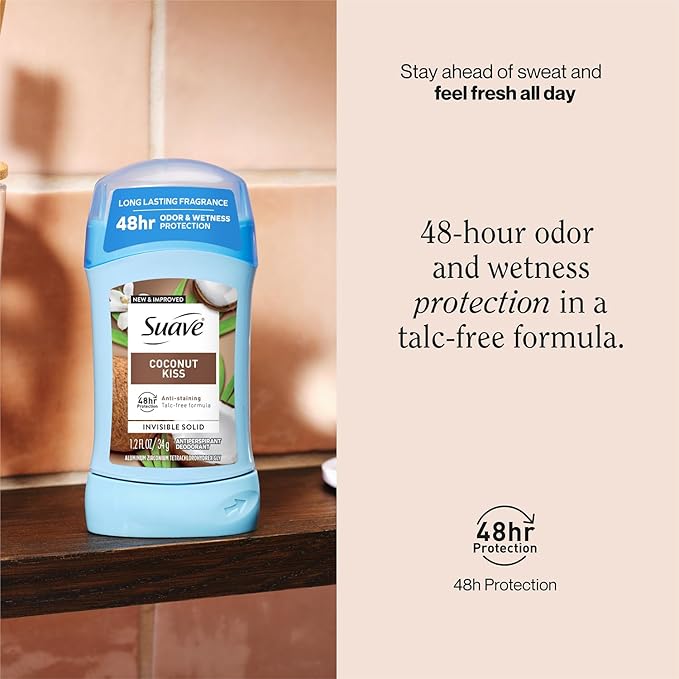 Suave Antiperspirant Deodorant for Women, Coconut Kiss 2-Pack – Anti-Staining Invisible Solid Sticks, Talc-Free, 1.2 Oz Ea