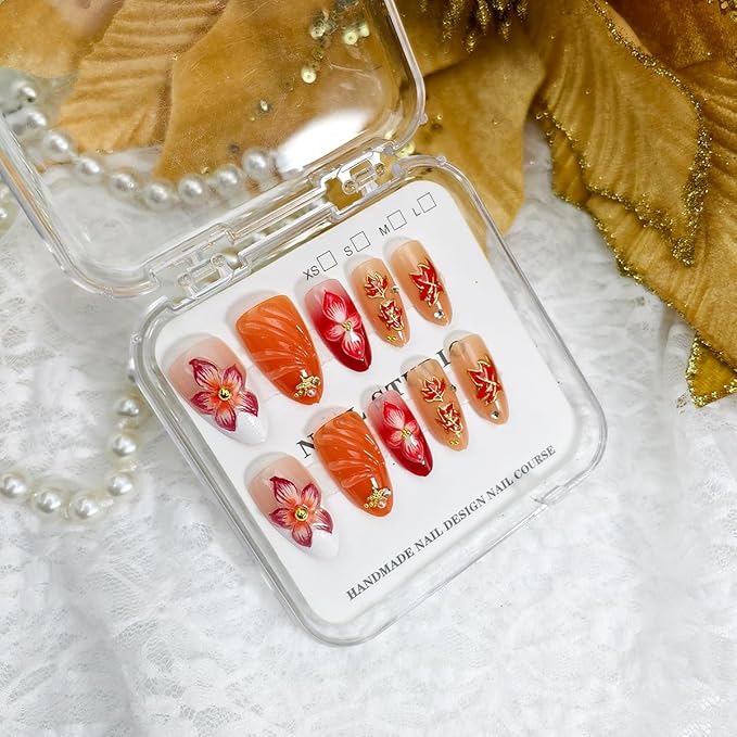 30Pcs Fall Press on Nails Almond Medium Fake Nails with Pearl Design Autumn Winter False Nail 3D Flower Red Maple Leaf Acrylic Glue on Nails Star Charms Full Cover Thanksgiving Nail Art Decorations