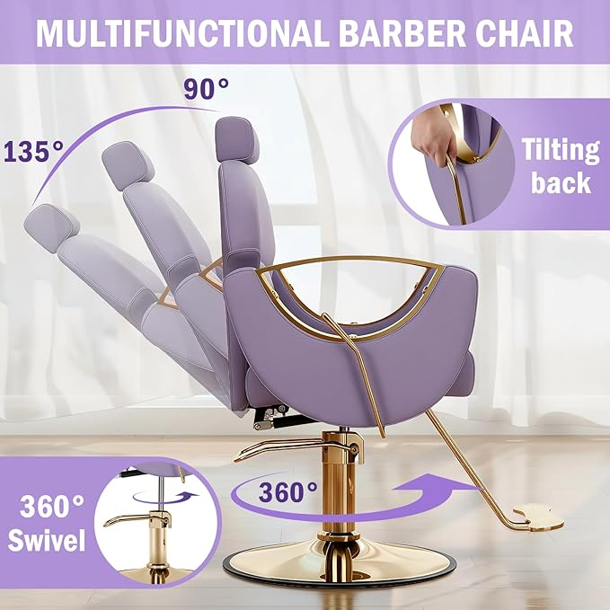 Salon Chair for Hair Stylist, Reclining Barber Chair with Heavy Duty Hydraulic Pump, 360 Degrees Swivel Styling Braiding Hairdresser Chair for Home Barbershop, Purple