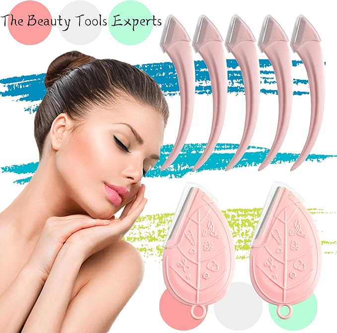 ONEUPIN 12PCS Eyebrow Trimmer Set Stainless Steel Leaves Curved Eyebrow Razor Trimmer Facial Shaver Razor Brow Shaper Suitable for Any Skin Type Hair Removal Accessories for Men Women（Pink）