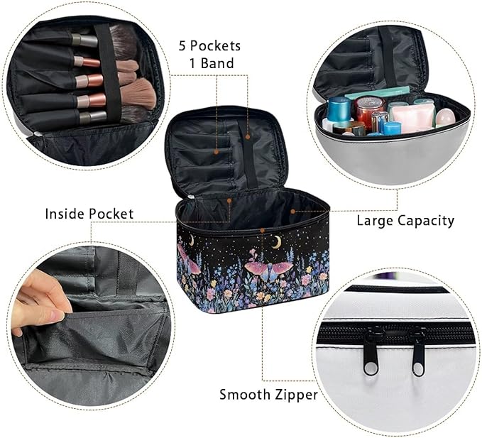 Butterfly Floral Moon Starry Night Print Travel Makeup Bags for Women Portable Tote Cosmetic Case with Carry Handle Toiletry Accessories Storage Organizer Bags